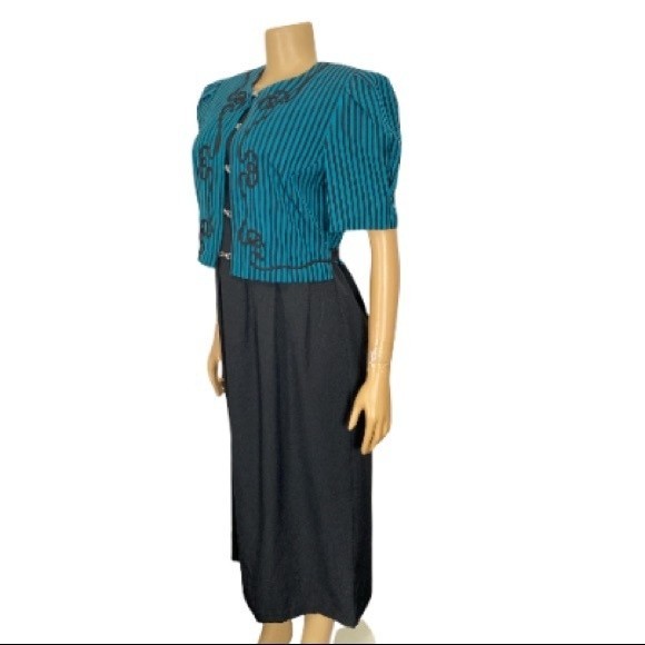 80s Miss Dorby DressTie Back Midi Black Green striped short sleeves size 10 - Picture 5 of 15